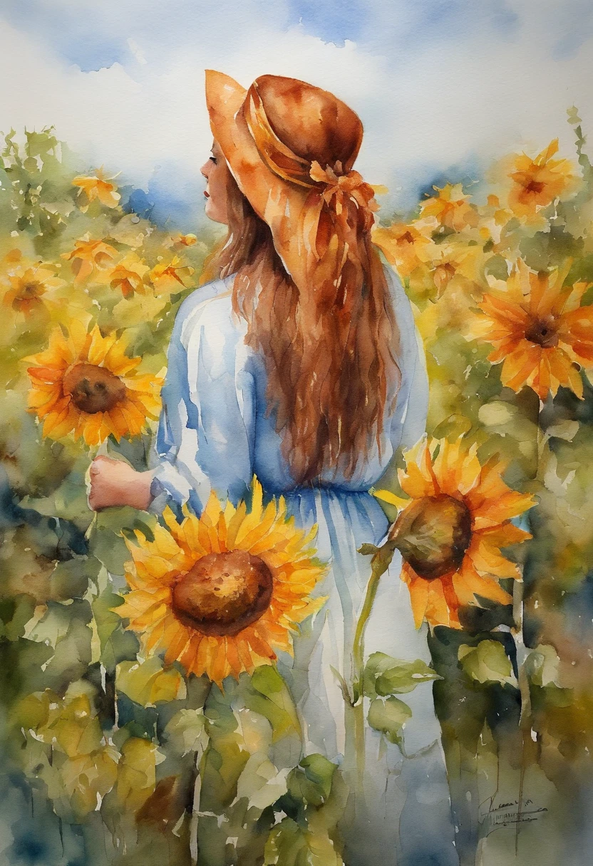 Sonnenblumenfelder、Back view of a beautiful girl、Strahlen der Sonne
