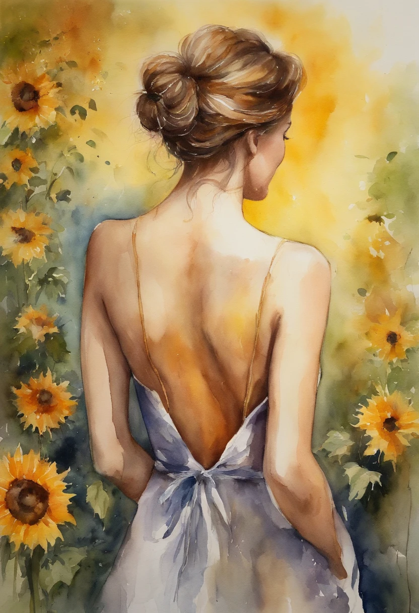 Sonnenblumenfelder、Back view of a beautiful girl、Strahlen der Sonne