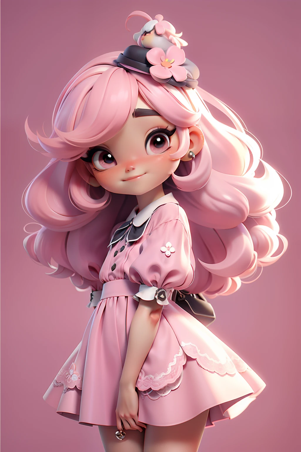 Menina estilo Chibi de cabelos compridos rosa, Hat at Ceba, olhos claros, vestido, jardim com muitas flores