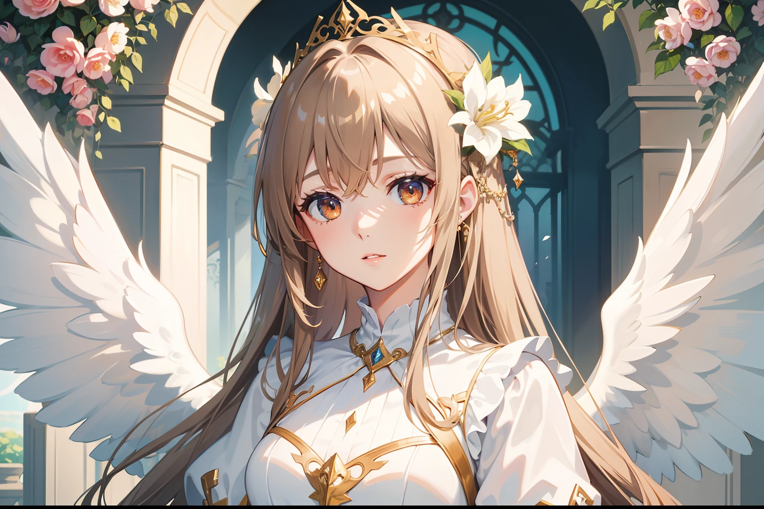 Official Art, Masterpiece European female, angel, white wings, pale brown hair , brown eyes, (​masterpiece、top-quality、hight resolution: 1.4),in 8K, Anime Art Nouveau, highly detailed exquisite fanart, anime fantasy illustration, clean detailed anime art, detailed anime art, Sharp Focus, Delicate Beautiful Hair and Eyes and Face, realisitic, ultra-detailliert, flower garden, sunlight,