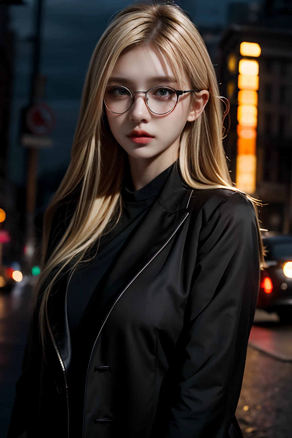 There is a blonde haired girl who is on the street at night with big, beautiful eyes and behind her there is a man in black glasses and ultra realistic black clothes real well detailed