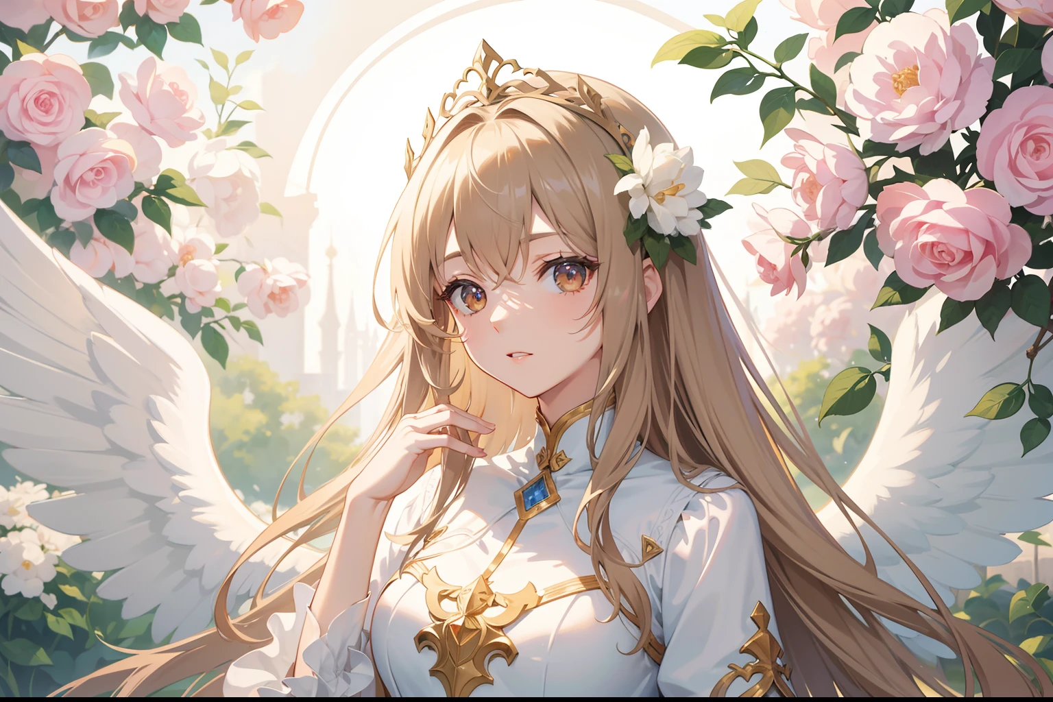Official Art, Masterpiece European female, angel, white wings, pale brown hair , brown eyes, (​masterpiece、top-quality、hight resolution: 1.4),in 8K, Anime Art Nouveau, highly detailed exquisite fanart, anime fantasy illustration, clean detailed anime art, detailed anime art, Sharp Focus, Delicate Beautiful Hair and Eyes and Face, realisitic, ultra-detailliert, flower garden, sunlight,