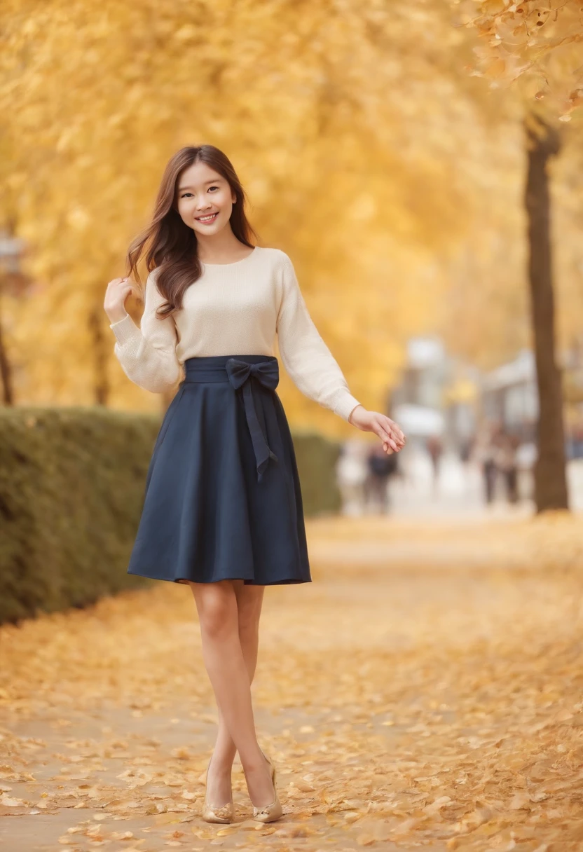 masterpiece, a smiling girl with holding one hand and bow her body, swirling long hair, in street, autumn feel, wearing a shirt and a skirt and slippers, one hand holding anothers hand behind, light shine from aside, a cinematic condition, japanese girl