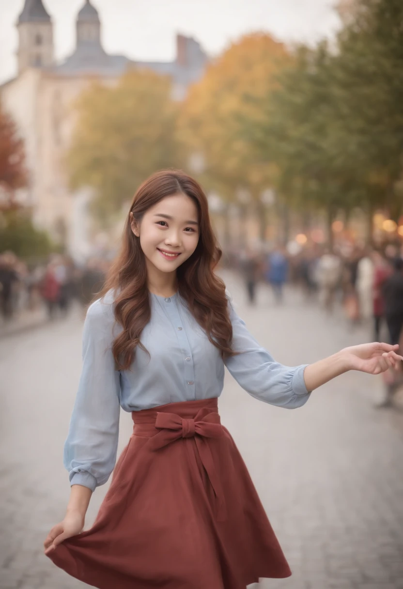 masterpiece, a smiling girl with holding one hand and bow her body, swirling long hair, in street, autumn feel, wearing a shirt and a skirt and slippers, one hand holding anothers hand behind, light shine from aside, a cinematic condition, japanese girl