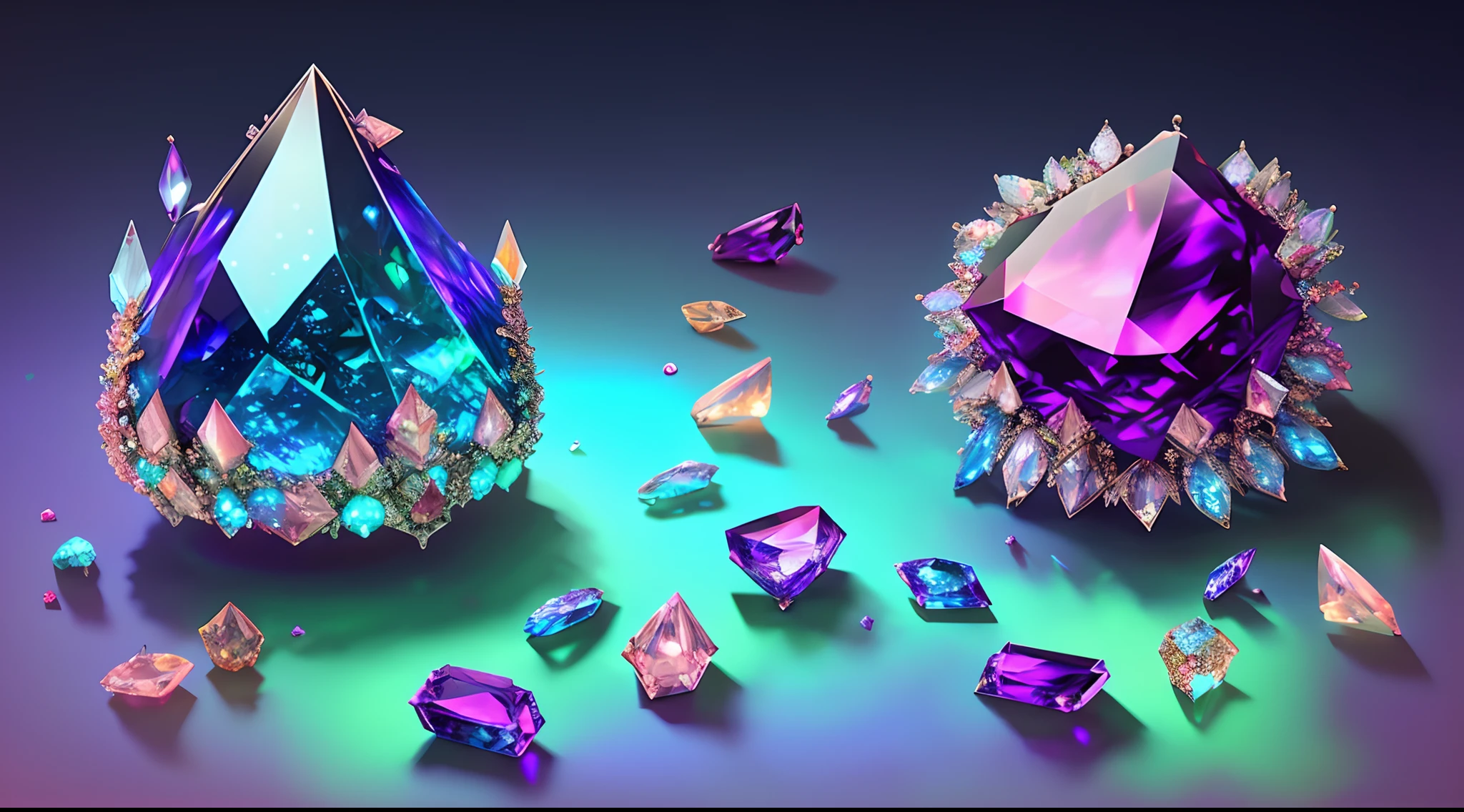 Lots of gems scattered on the floor, Luxurious decoration, bio luminescent, Elegant, painting-like, Ultra-detailed, Delicate; with an intricate, Surreal concept art, Aesthetic, Smooth, sharp, Professional, masterpiece, custom, Best Quality, color corrected, Fix it in a post.16k.