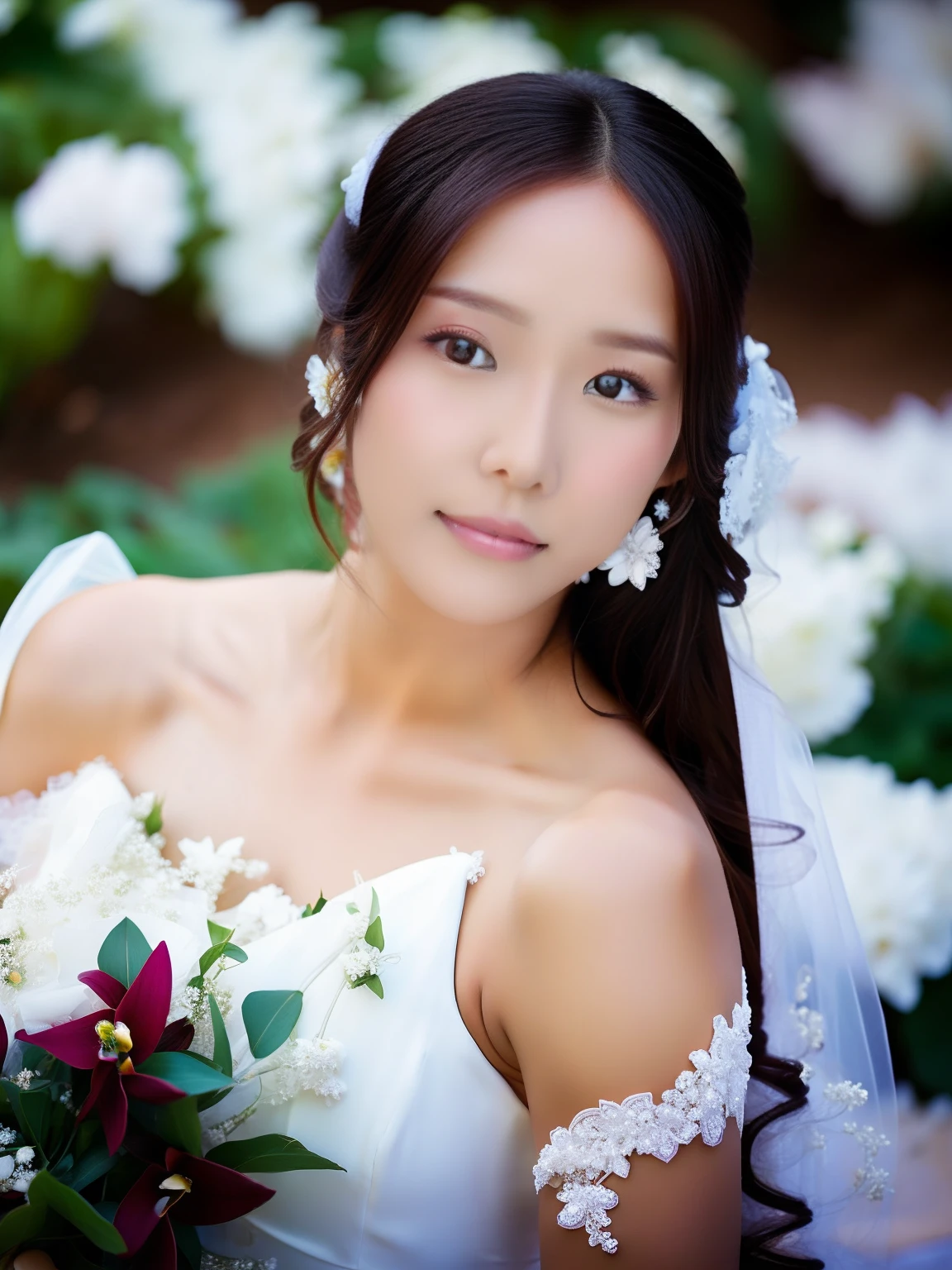 Woman wearing white bridal gown Long hair, tanned skin. Beautiful face in the flower garden