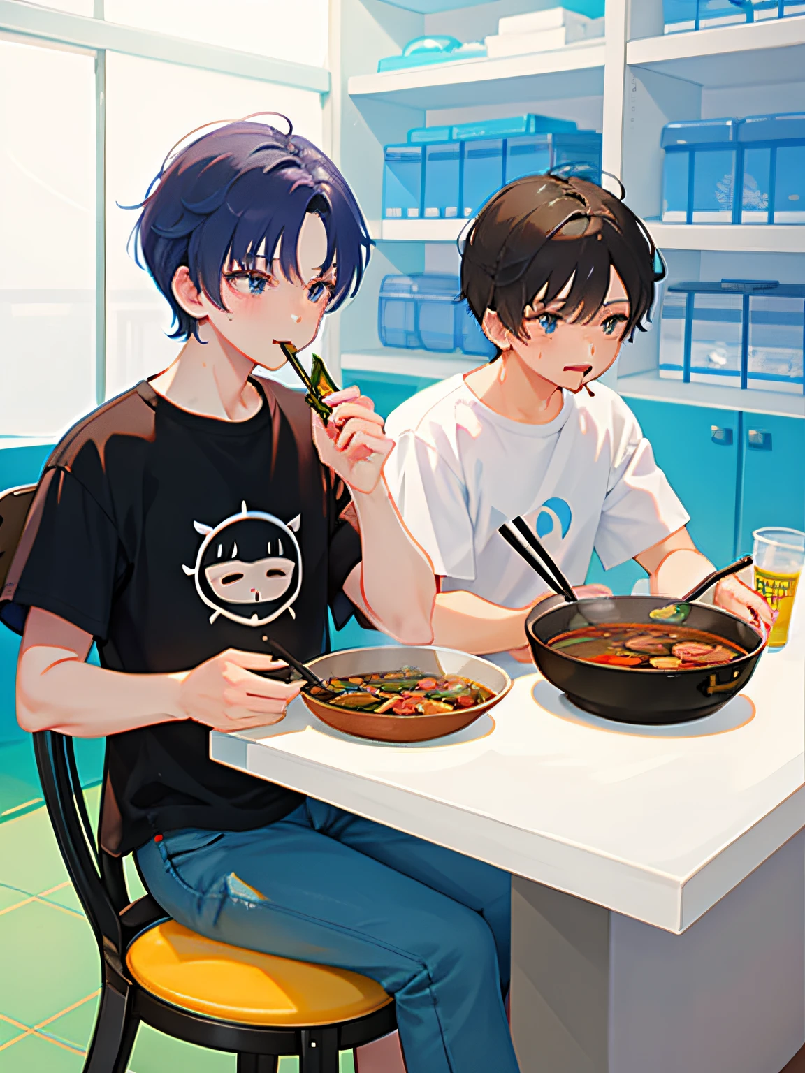 2 boys eating Haidilao hot pot on the side，While chatting，A cute boy who wears a white top and white shorts，Another boy looks gentle and wears black short-sleeved denim trousers。