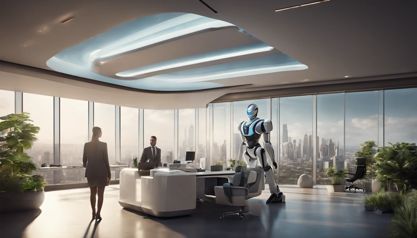 a futuristic office set in the year 2050. The office features sleek, minimalist architecture with large panoramic windows that offer a breathtaking view of a city skyline filled with advanced skyscrapers. Inside the office, there is a robot assistant working at a modern, high-tech real estate service desk. The robot is a cutting-edge AI-powered model, designed with a humanoid appearance and advanced features for assisting clients with property inquiries and transactions. The office space is well-lit with futuristic lighting fixtures, and there is a seamless blend of technology and nature, with indoor greenery and living walls integrated into the design. The robot is seen conversing with a human client, showcasing its ability to provide top-notch real estate services in this futuristic setting.