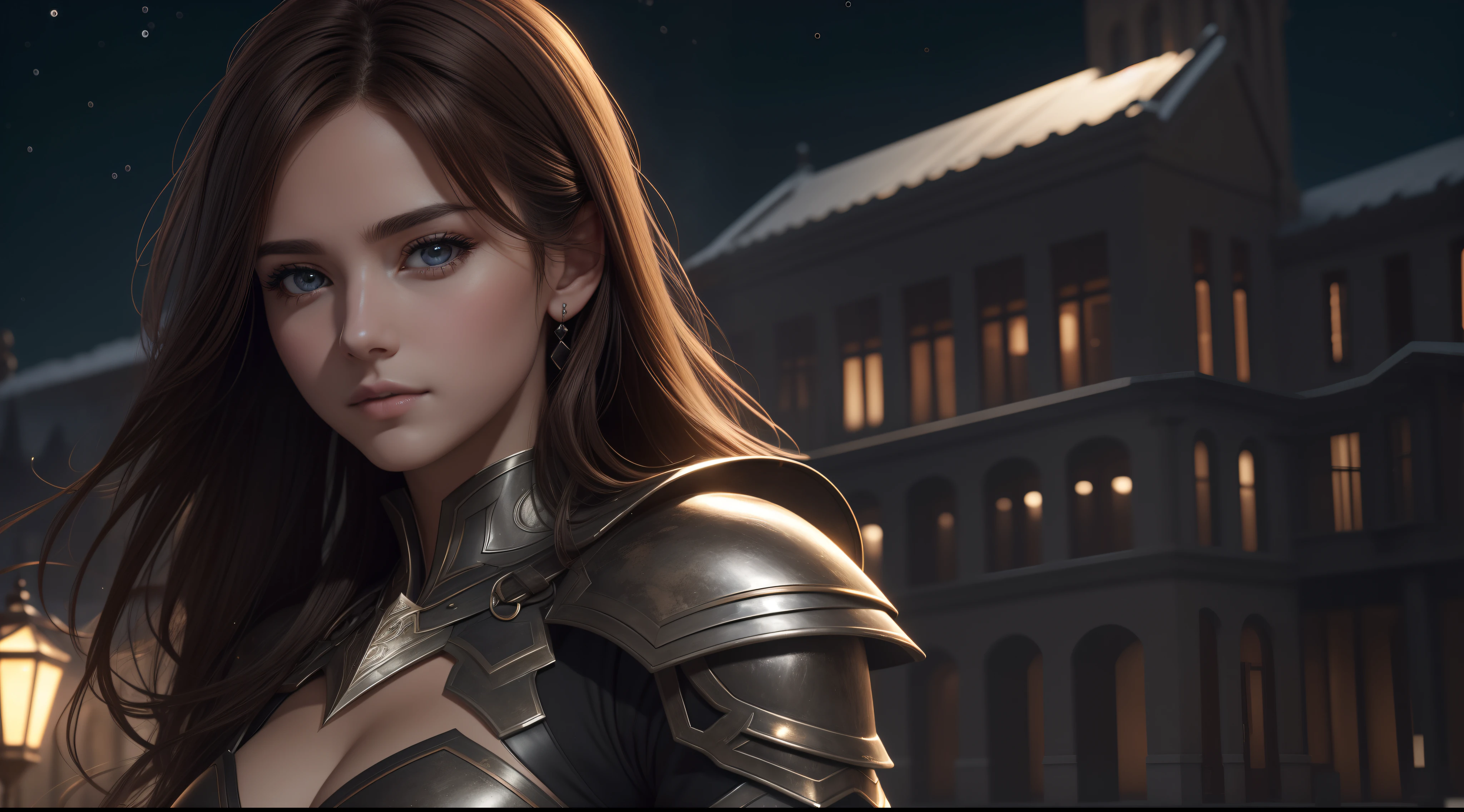 Realistic lighting, Top Quority, 8K Resolution, (masterpiece: 1.3), (Clear focus: 1.2),1 Girl, delicate face, big double eyelids, Sexy expression, Body perfect anatomy, (perfect body: 1.6), (large chest 1.7), long and dark brown hair, (best chest: 1.8), armor, long knife, magia, exterior, (night: 1.1 ),1080p, hyper HD, textureskin, super detailed, best quality, high detail, highest quality.