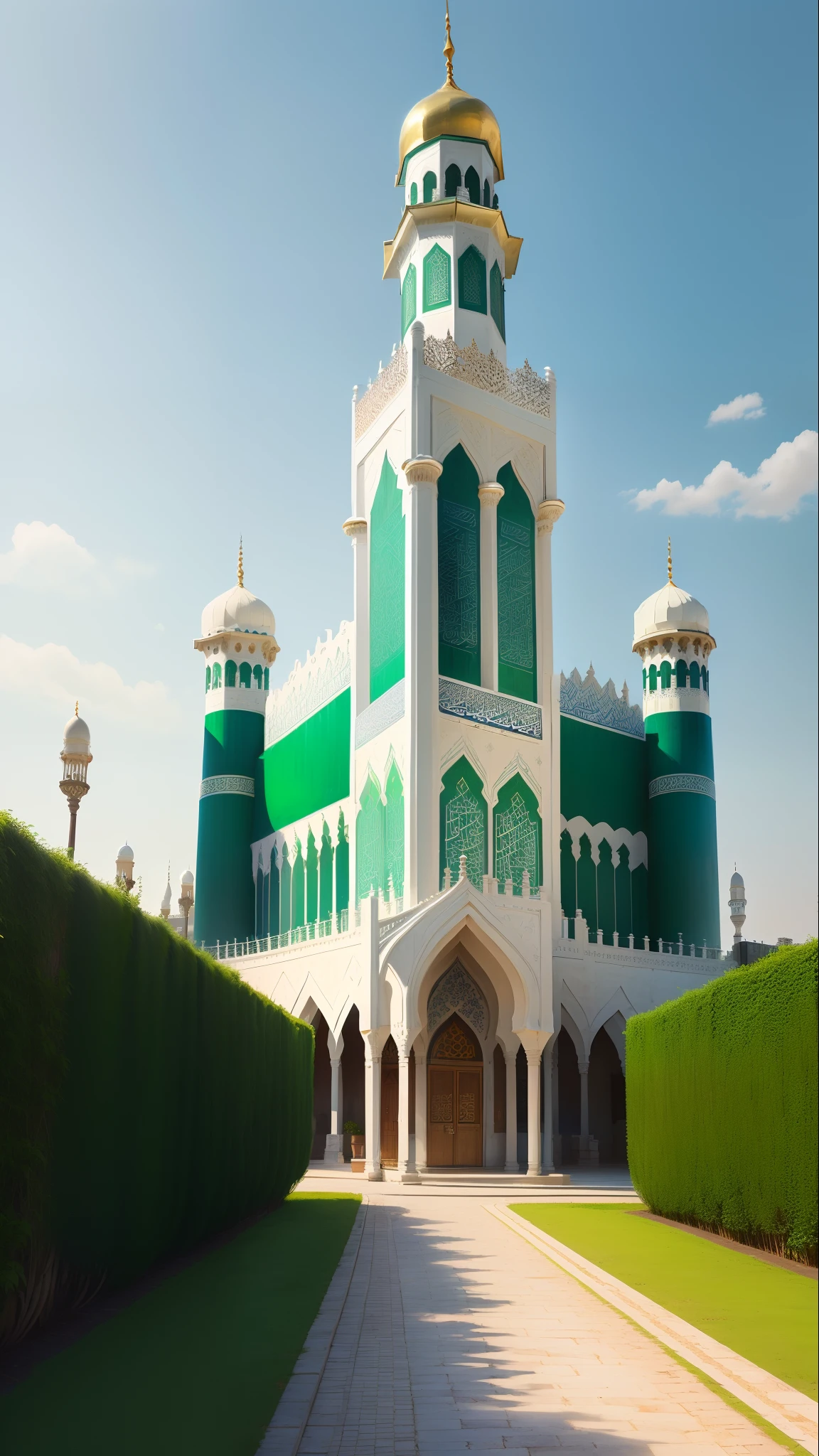 Out side of views Muslim mosque highly quality with green and white colour