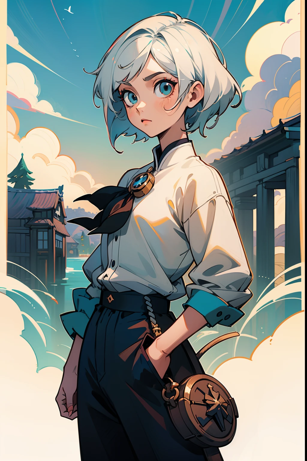 Anime - style image of a woman in a white shirt and black pants, Delicate androgynous prince, de meninas da linha de frente, Guweiz, Arte no estilo de Guweiz, Beautiful androgynous prince, pose de anime bonito, Arte Zerochan, Guweiz em Pixiv ArtStation, detalhes finos. meninas da linha de frente, Arte Oficial, visual chave anime de elegante. (melhor qualidade, obra-prima), garota, anime, garota, papel de parede, rosto, fundo claro simples, fundo quadriculado, fundo minimalista, fundo pequeno, olhando para o espectador, albina.