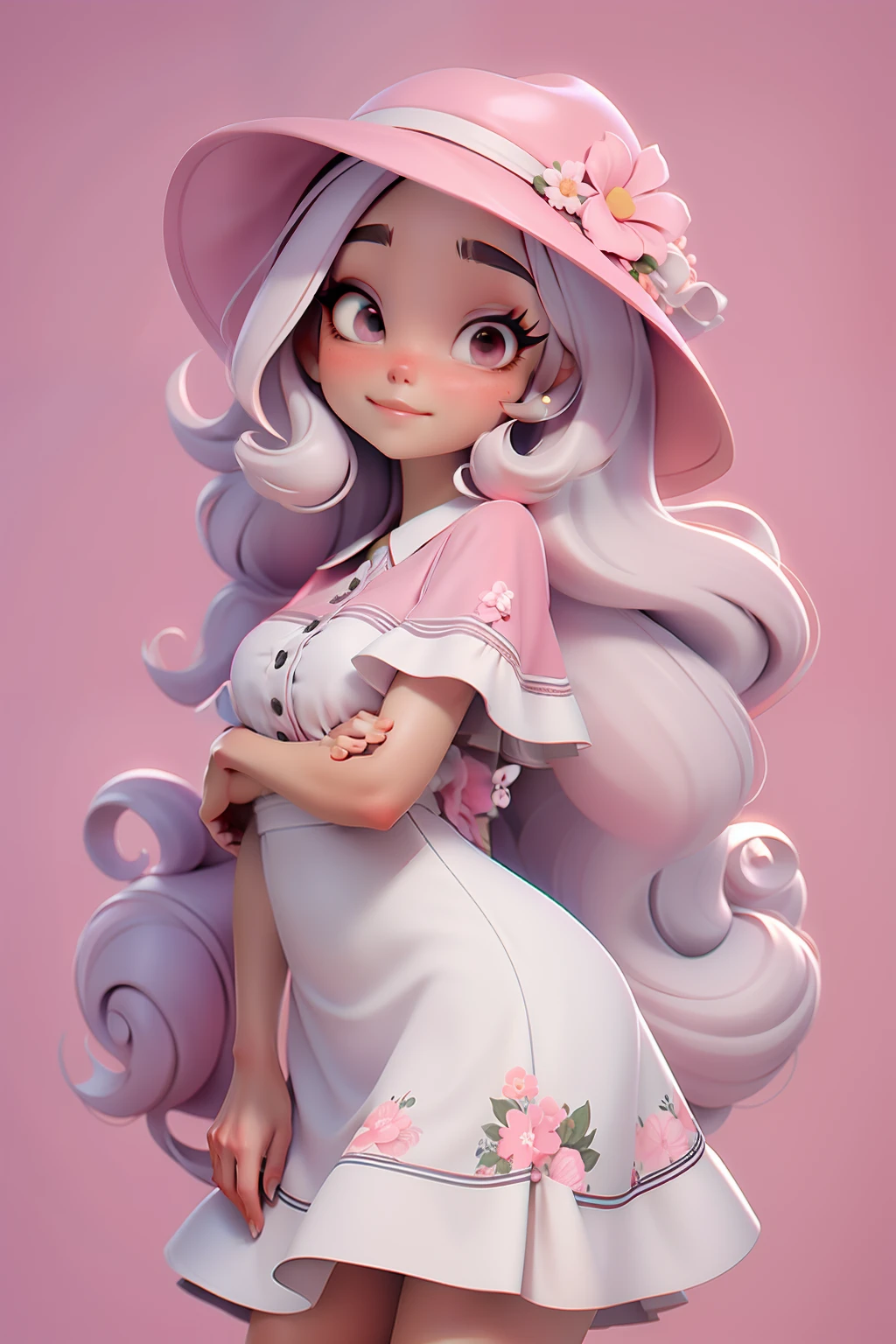 Menina de cabelos compridos rosa, Hat at Ceba, olhos claros, vestido, jardim com muitas flores