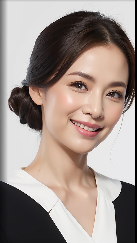 (the Extremely Detailed CG Unity 8K Wallpapers,masutepiece, Best Quality, Ultra-detailed), Gray background, 50-year-old female living in Japan, 50-year-old female born in Osaka,、Delicate contours、((eyes are thin and distant))、Eye color dark brown or warm hazel brown, Eyebrows are shaped while retaining their natural shape、wide forehead, The nose is small and delicate,、(The mouth is shaped like a very large and soft smile)、Well-groomed white teeth enhance your smile, Hair length to the shoulder blades、(The hair was firmly put back in a bun), There are beautiful curls and waves, hair-color:Brown or blonde, showing teeth,Wearing a classic and elegant blouse and a simple skirt