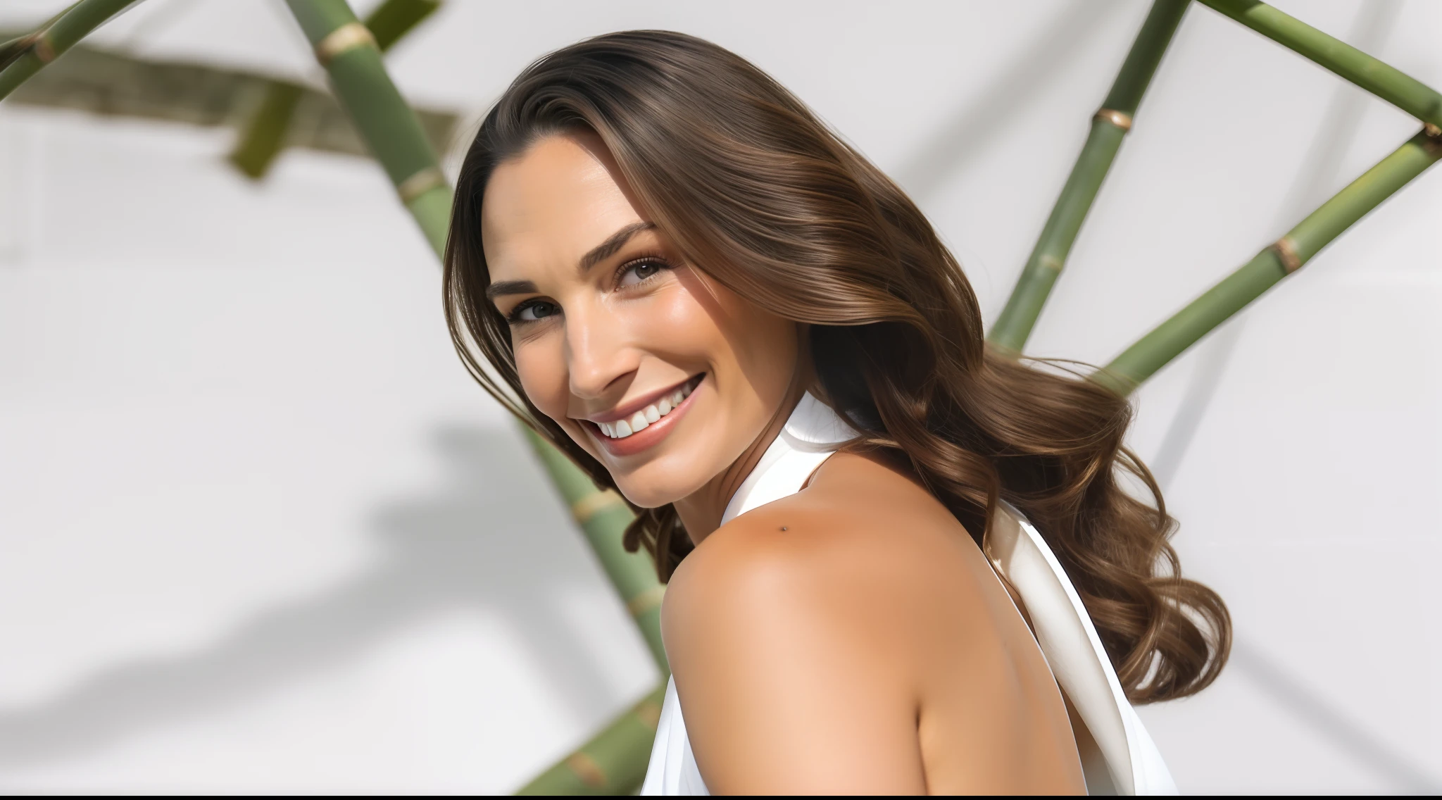 Woman in a white dress smiling in front of a bamboo tree, foto da beleza Gal Gadot, Retrato de Sofia Vergara, Retrato de Gal Gadot, Woman with braided brown hair, Gal Gadot, candid photo of gal gadot, Retrato de Gal Gadot, Parece Laura Barriales, julia sarda, photoshoot para marca de cuidados com a pele
