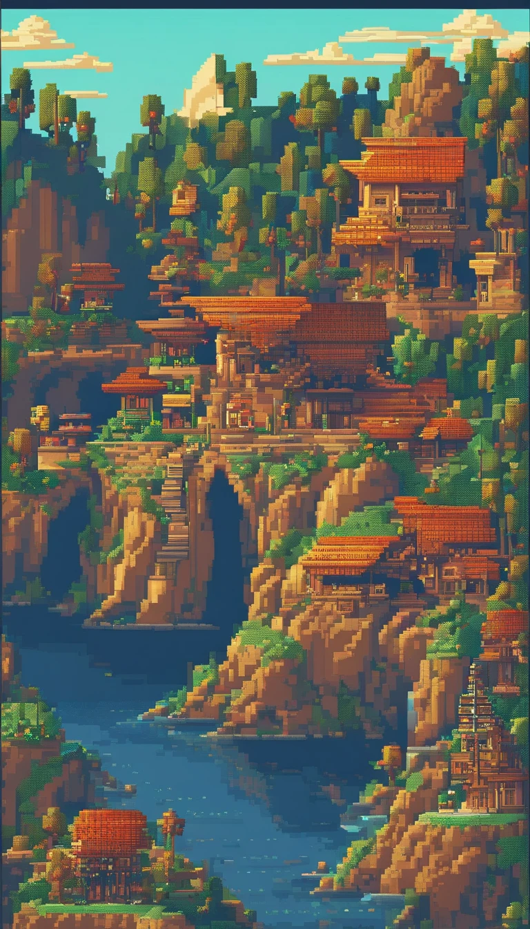 Pixel art tourist destination landscape, 3d pixel art 4k wallpaper, incredible pixel art details, pixel art, detailed unreal engine pixel art, full moon sky, midnight.