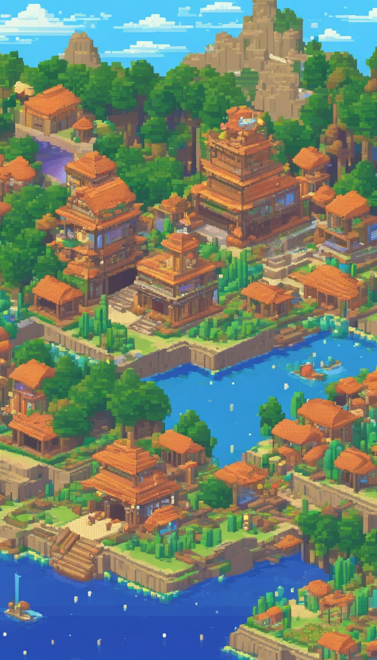 Pixel art tourist destination landscape, 3d pixel art 4k wallpaper, incredible pixel art details, pixel art, detailed unreal engine pixel art, full moon sky, midnight.