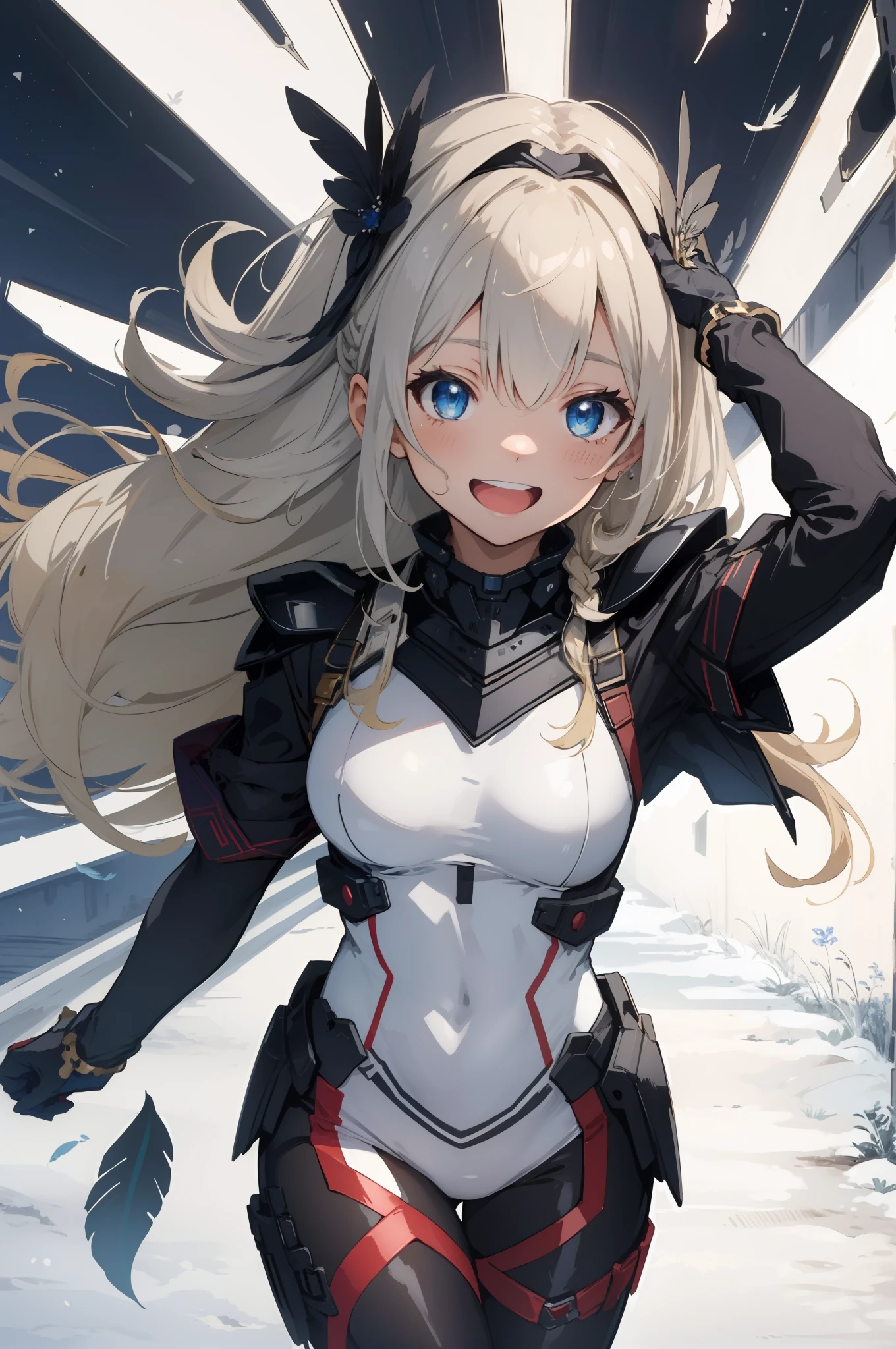 (​master piece, Best Quality),  Intricate details, valkyrie, kawaii, Happy smile, (((Laugh))), Hand up, Looking at Viewer, Feather Headgear,  flower meadow, 
1 girl in, Solo, Portrait, Tentacle plutinum blonde hair, single braid, single thighhigh, Independent single sleeve, gloves,
 mecha musume, White bodysuit, Silver Reinforced Suit, silver pantyhose, full armor,