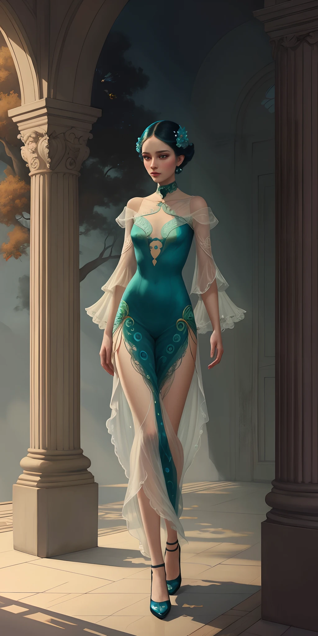 there is a woman walking down a path with a peacock, artstyle tom bagshaw, a beautiful artwork illustration, digital art of an elegant, artgerm and tom bagshaw, ghibli tom bagshaw, tom bagshaw style, inspired by Art Frahm, beautiful digital illustration, elegant digital painting, stunning digital illustration, exquisite digital illustration  объемный mist, mist, ray traced, z, Transmission of bright light from below, (tmasterpiece) (beste-Qualit) (Detailed) (8K) (电影灯光) (Sharp focus) (an intricate)