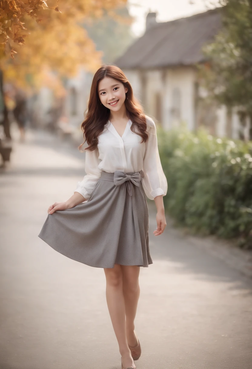 masterpiece, a smiling girl with holding one hand and bow her body, swirling long hair, in street, autumn feel, wearing a shirt and a skirt and slippers, one hand holding anothers hand behind, light shine from aside, a cinematic condition, japanese girl, fixed hand and finger, humanise, in indonesia background style