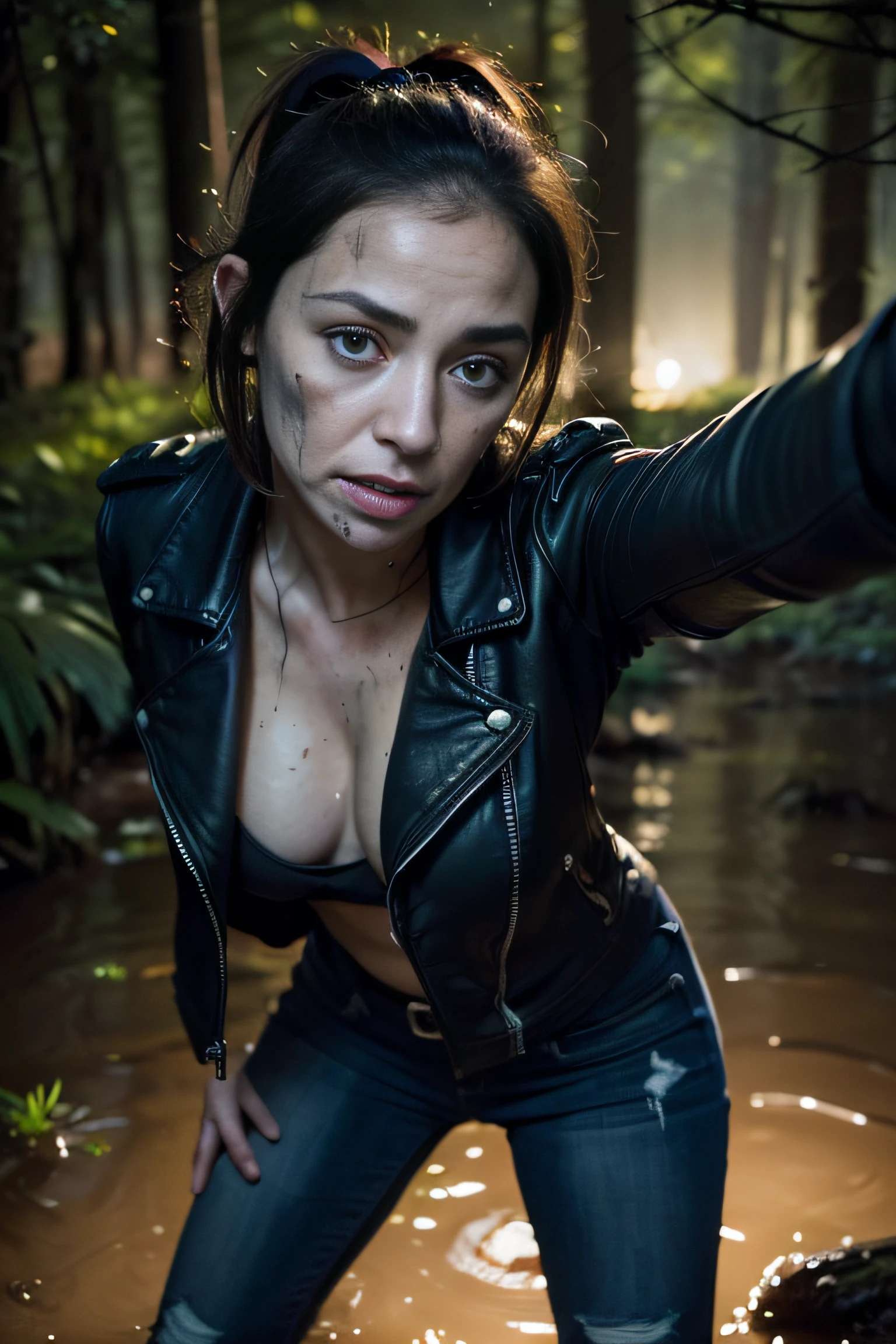 Tormented by lust, A woman in jeans and a leather jacket was caught off guard in the woods at night, indulging in his sexual fetish of drowning in a swamp. Lust makes her plunge into the swamp up to her thighs. Her face is haggard and dehydrated. She is perplexed and looks around in fright. There is pitch darkness all around, The light only comes from the camera's flash.

TAGS: night time, blurred background, (selfie photo:1.6), (It's dark all around:1.7), (Light only from the camera:1.7). The woman, (Tormented by lust:1.6), wearing jeans, leather jacket, swamp, (stands, drowning in a bog:1.6), (Sexual fetish:1.3), fright, stunned, Looking around. (emaciated face:1.6), (dehydrated face:1.6), (swelling of the face:1.6), (Short hair gathered in a ponytail:1.2), (Moral decay, Shattered reputation:1.2),