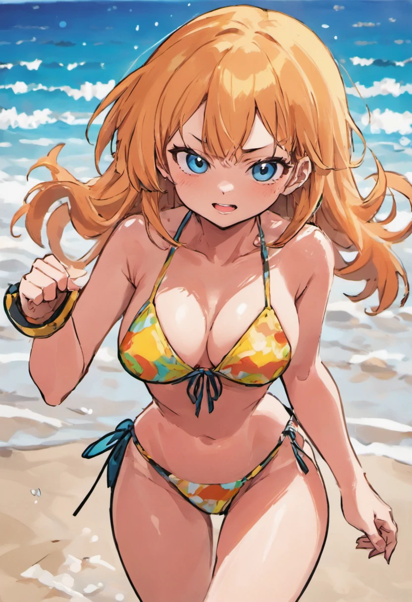 a cartoon picture of a woman in a bikini on the beach, Retrato bonito de Nami, In the one piece, In the of a piece, Oppai proportions, Oppai, na praia, Nos, na praia, is wearing a swimsuit, com seios grandes, em uma praia, em uma praia ensolarada, Marin Kitagawa Fanart, anime sedutora