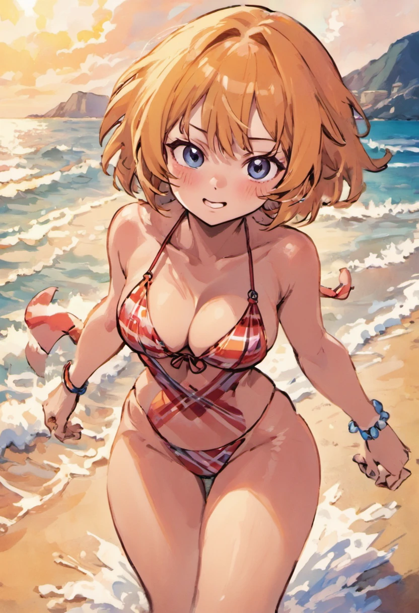 a cartoon picture of a woman in a bikini on the beach, Retrato bonito de Nami, In the one piece, In the of a piece, Oppai proportions, Oppai, na praia, Nos, na praia, is wearing a swimsuit, com seios grandes, em uma praia, em uma praia ensolarada, Marin Kitagawa Fanart, anime sedutora