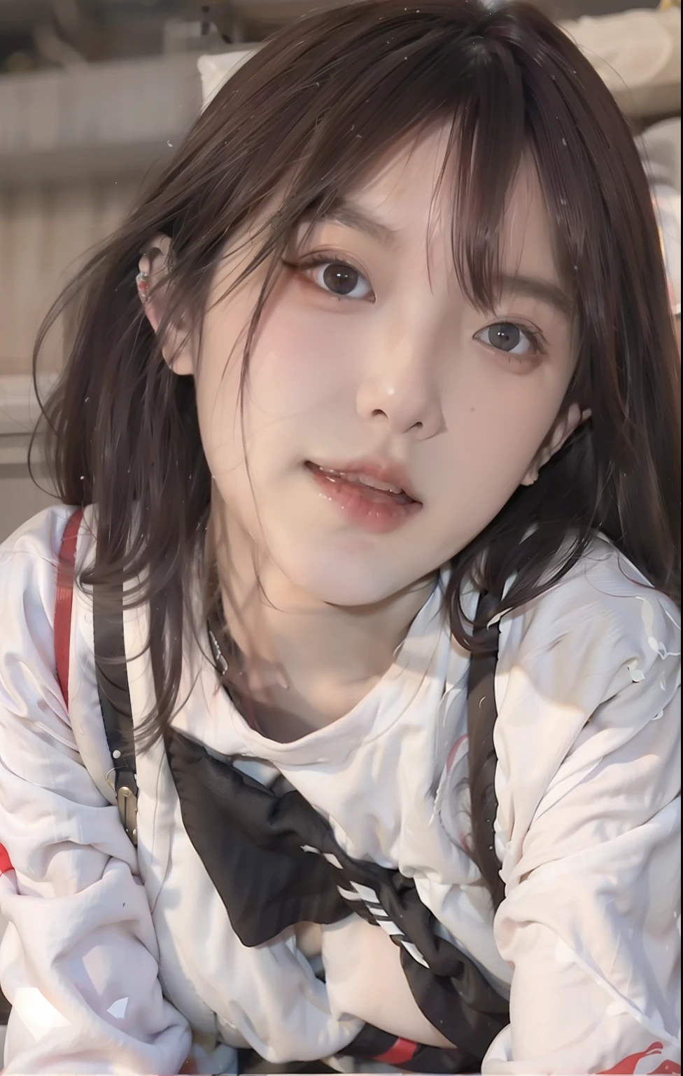 1girl in, open open mouth, 超A high resolution, Photorealistic, Best quality, 8K resolution, masutepiece, ((closeup of face)), (ahegao), Kneeling, Oh face, Open your mouth wide,Smile,ecstasy, Face up, Shoot from above, (A white liquid drips from the mouth), Ecstatic look, There is a large amount of white liquid in the mouth,,,,,, Sweat on the chest,Wet chest,,Moisten the tongue, NSFW, roll eyes, Eyes up, Zerotwo,Black color hair,fully body photo,exposing her chest,cleavage,huge tit,Childlike face,revealing breasts,revealing breasts,revealing breasts,stocklings