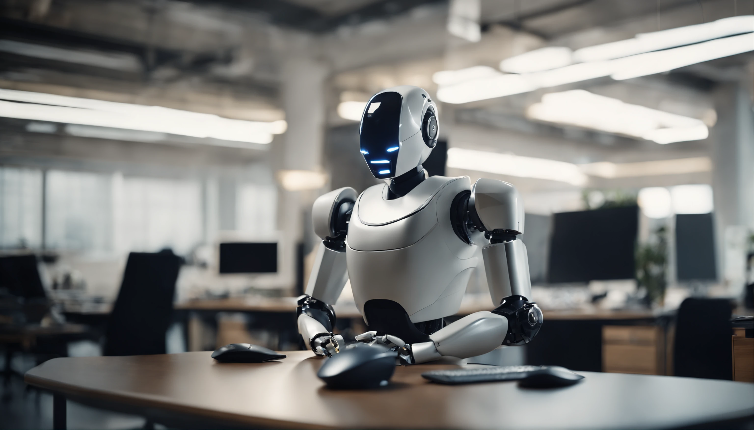 (best quality,4k,8k,highres,masterpiece:1.2),realistic,professional,robot,office setting,human,computer desk,modern office,artificial intelligence,mechanical arm,keyboard,mouse,computer screen,cables,office chair,files,shelves,printer,scanner,paperwork,workstation,noisy environment,productivity,efficient,organized,sleek design,task-oriented,interaction,cooperation,teamwork,communication,technology integration,advanced equipment,efficiency,productivity,engaged,concentration,professional attire,serious expression,natural lighting