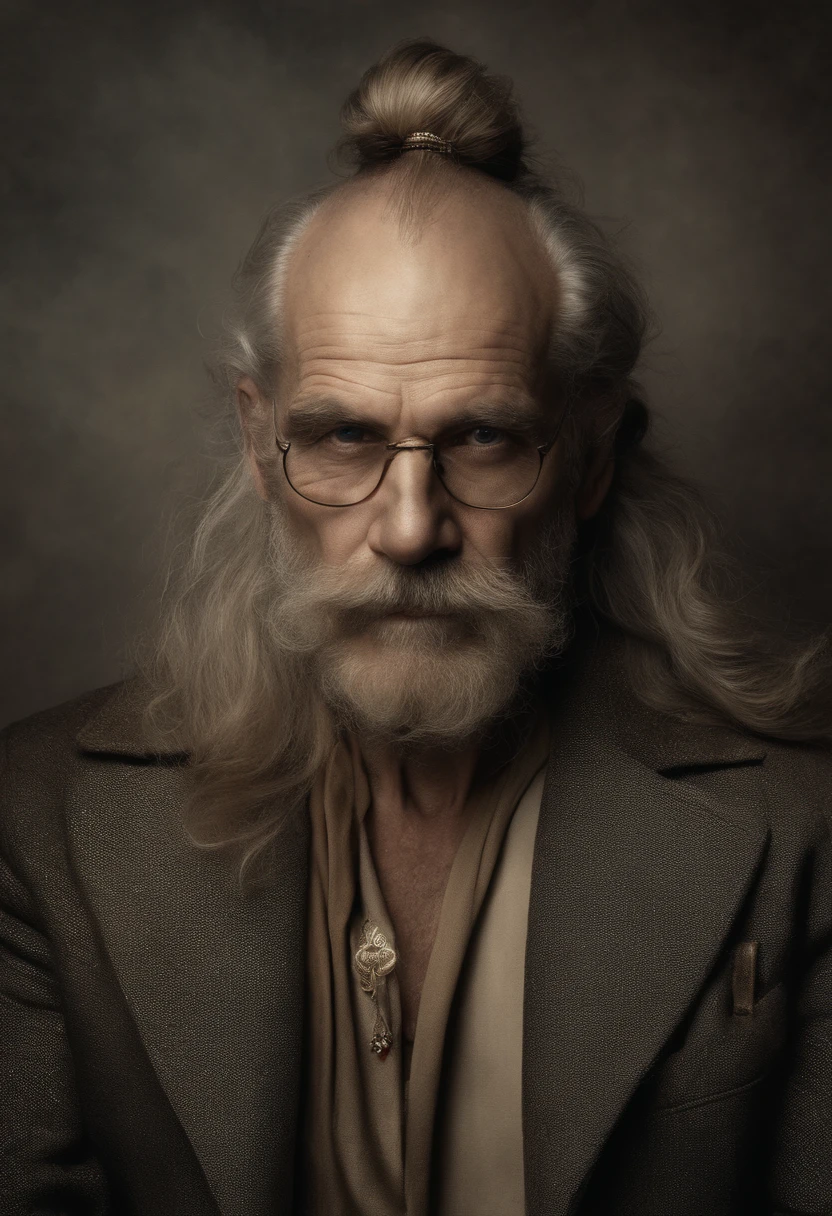 Wrinkled old man, emaciated, homme maigre, demonic, Regard dur, piercing gaze, angry look, grosse moustache blanche, bushy mustache with thick hair, Calvitie, long hair on the sides, very long and curly white hair, portant des boucles d'oreilles en or, Golden ring earrings, Bagues en or sur les oreilles, Severe baldness on the top of the skull, no hair on top of the head, The top of its skull is a glass dome, His brain is visible through the dome of his skull, Pas de barbe , very clear blue eyes, nez fin et crochu, peau matte, peau avec tons de chairs matte, photo realist, hyperrealism, charismatique, personnage effrayant,