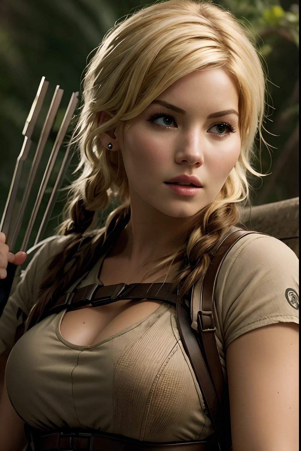 ((elisha cuthbert as Katniss Everdeen in Hunger Games)), Hunger Games movie background scene, (sexy), (photorealism), (best quality) ,(detailed) ,(intricate),(8k) ,(HDR), (wallpaper) (cinematic lighting) ,(sharp focus), perfect face, perfect eyes, ((nippin, camel toe))