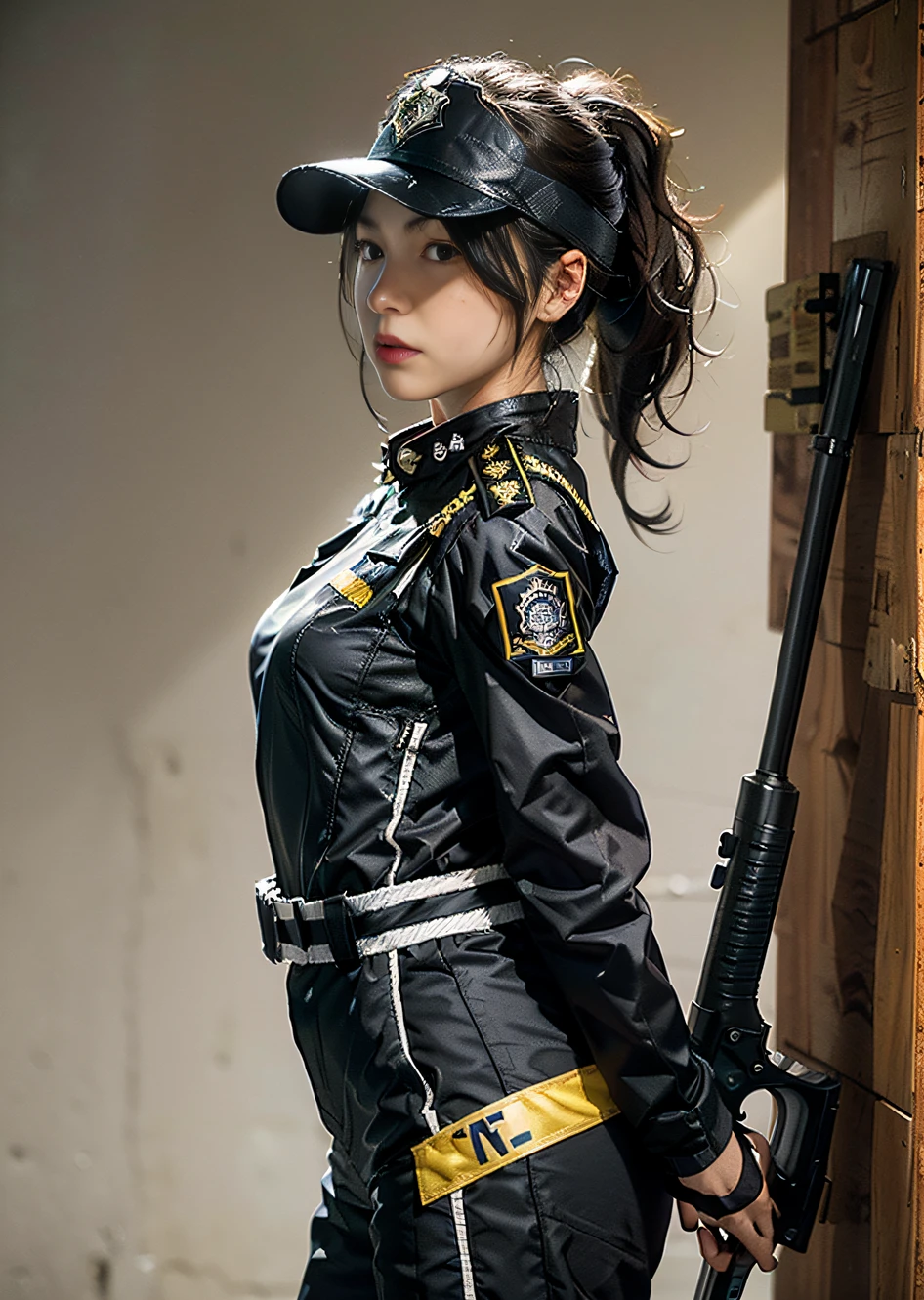 Highest image quality, outstanding details, ultra-high resolution, (realism: 1.4), (cowboy shot, from side view, looking at another), the best illustration, favor details, highly condensed 1girl, with a delicate and beautiful face, vigilance, ((holding a gun at the ready)), ponytail, captain, perfect propotion, muscular:0.75, (wearing racing suit likes police uniform, black and gray mecha, wearing a visor, military harness, grenades, holding a machinegun), background simple grey wall,