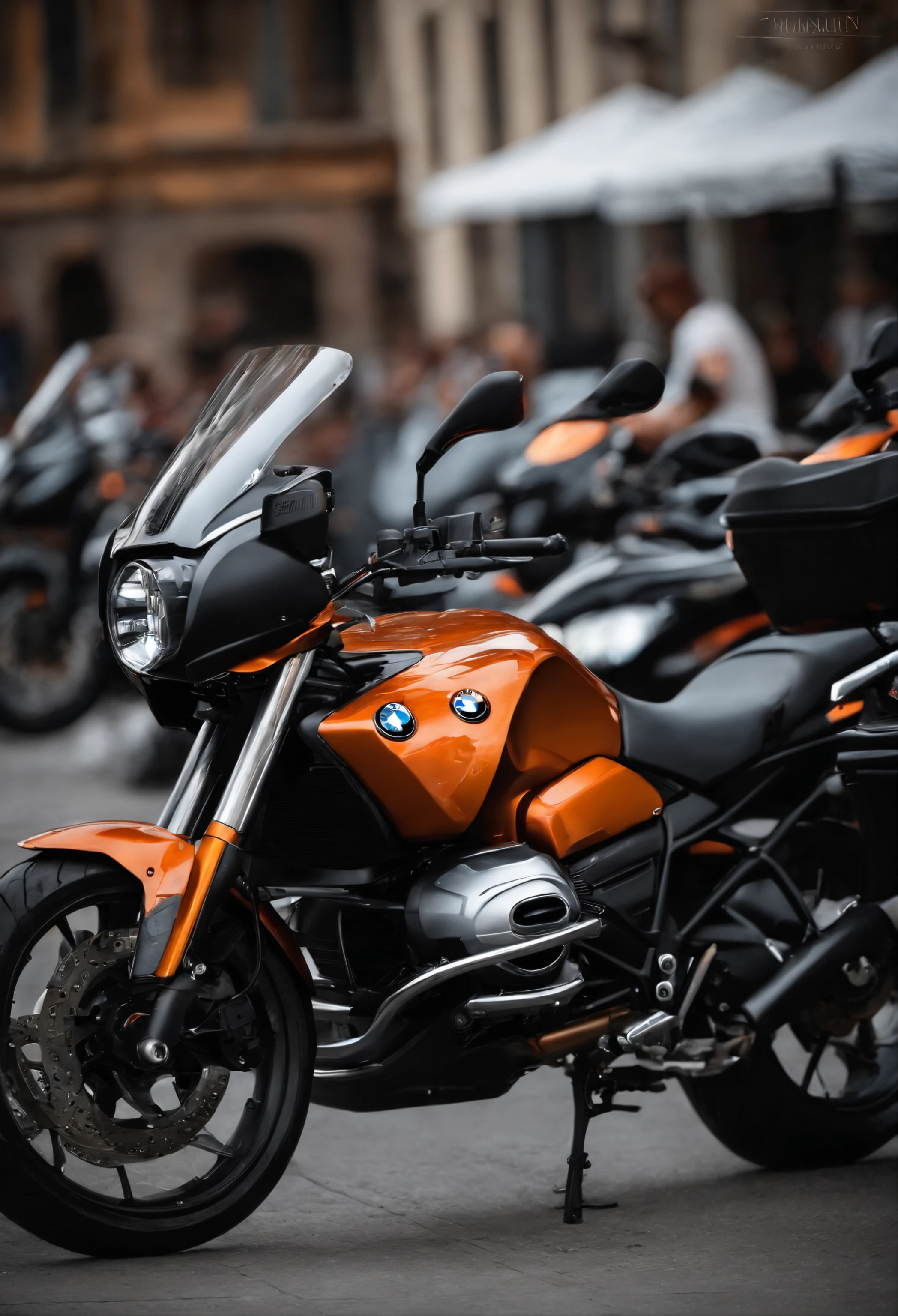 a large gathering of many black bikes with orange details,  e um grande estacionamento exclusivamente masculino, apenas de motos muito realistas. motos BMW bem realistas. com homens sentados nelas. e homens aplaudindo.