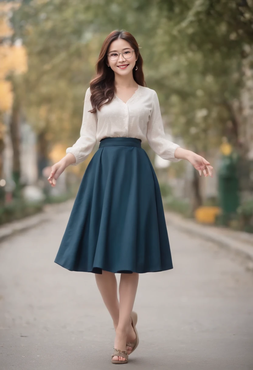 masterpiece, a smiling girl with holding one hand and bow her body, swirling long hair, in street, autumn feel, wearing a shirt and a skirt and slippers, one hand holding anothers hand behind, light shine from aside, a cinematic condition, japanese girl, fixed hand and finger, humanise, in indonesia background style, black hair, wear a thin glasses