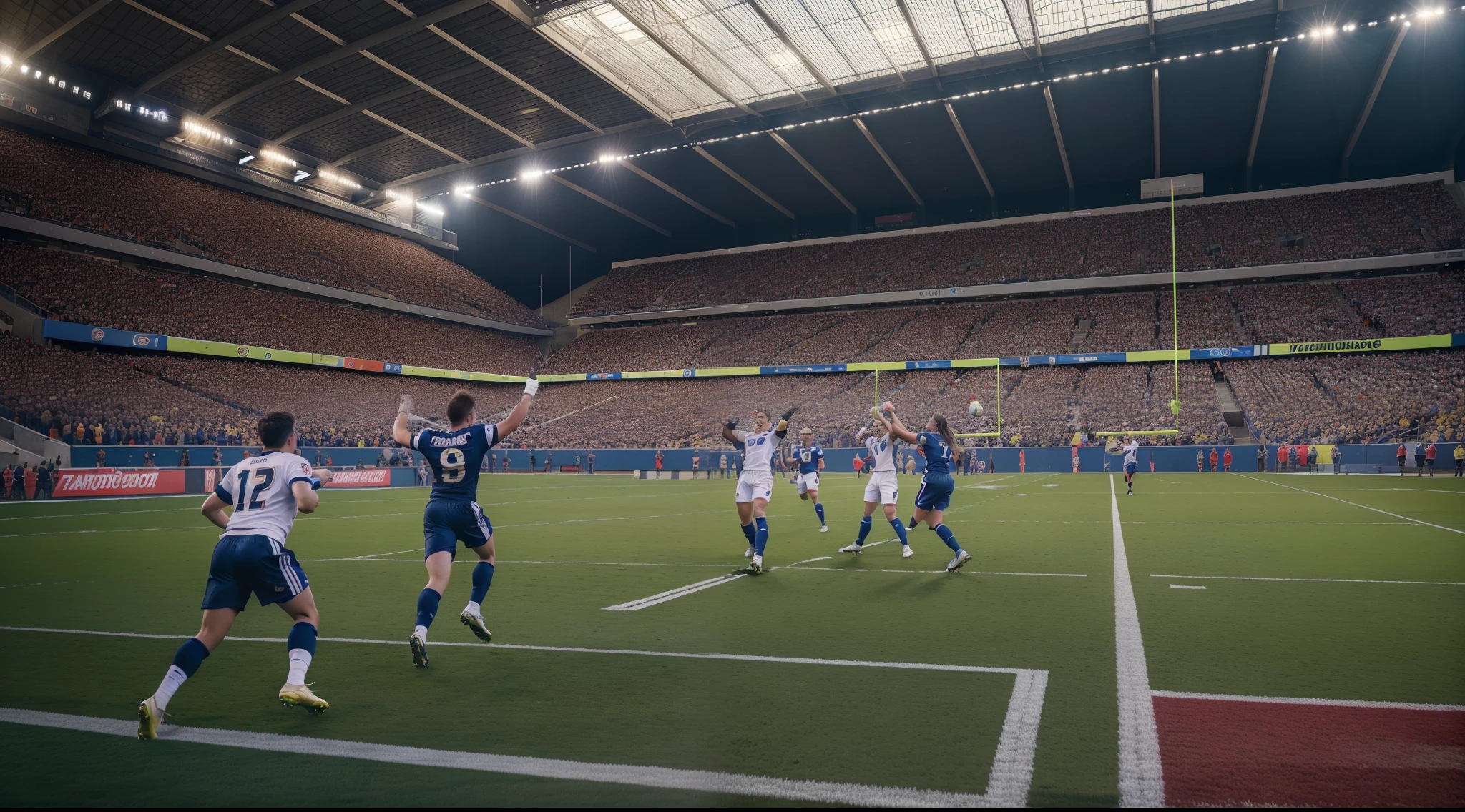 (best quality,4k,8k,highres,masterpiece:1.2),ultra-detailed,(realistic,photorealistic,photo-realistic:1.37),girls in football jerseys and uniforms inside a football stadium,vector art,full color,hero shot,energetic poses,vivid colors,studio lighting,grass field,scoreboard,excitement,happiness,stadium seats,professional,clear blue sky,championship match,football match,enthusiastic crowd,cheering,flags waving,goal net,football boots,team logo,competition,tribunes,photography