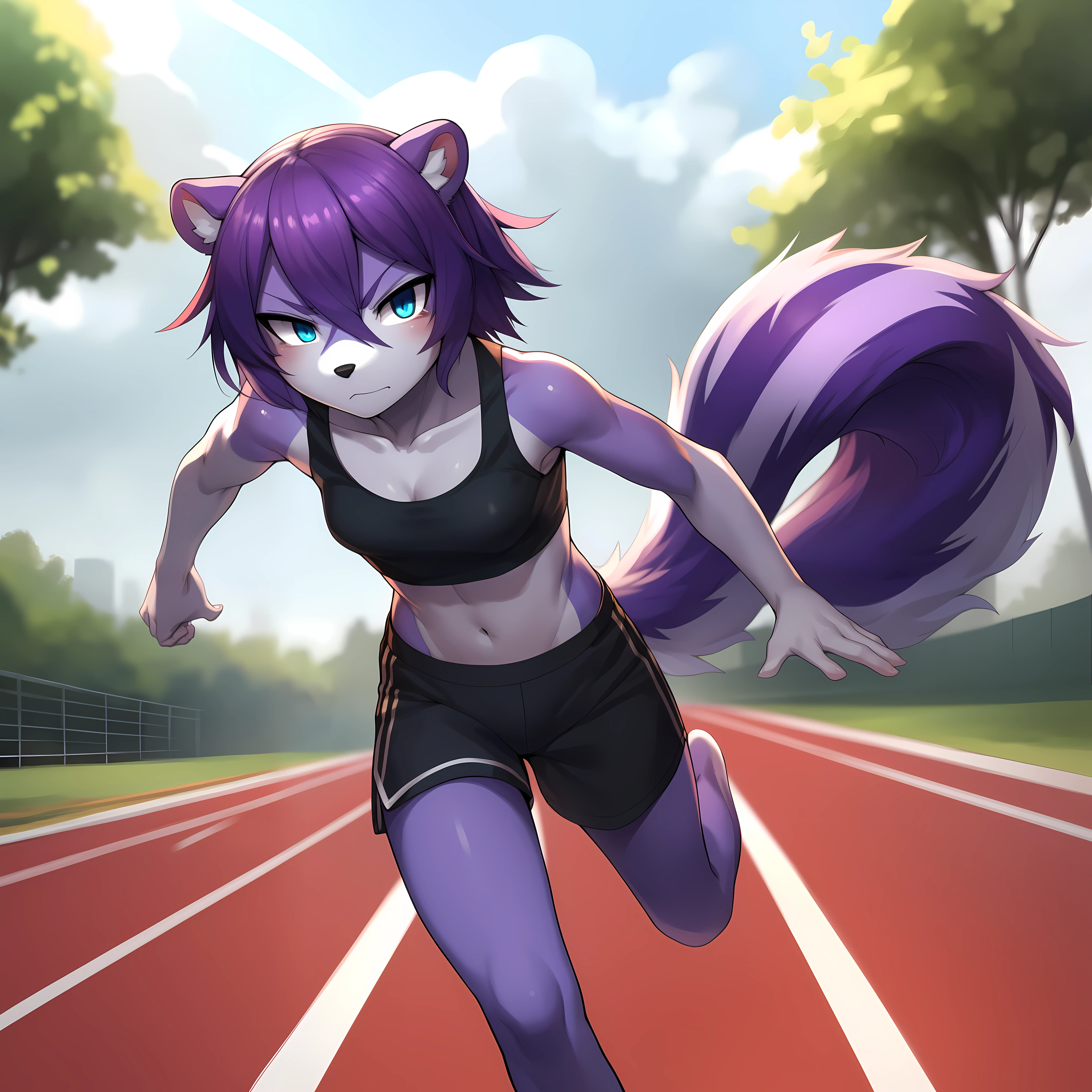 By sleepiness18, by gudlmok99, solo, one girl, a purple anthro furry skunk girl, female, purple_body, white chest, black nose, (cute_snout), purple skunk tail, ( short dark purple hair):1.2, solid blue eyes, highly detailed, (small breasts), black tank top, black shorts, sprinting:1.2, serious_face, angry eyes, sprinting on a track, in a thunder storm, full body shot, running towards viewer