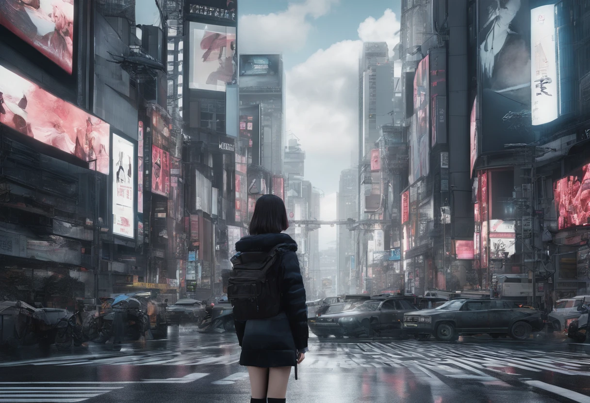 a young cyber fashion girl is standing on The real Shibuya crossing in japan, back view of whole body, super zoom out shot, cyber cute fashion like a animation, chromatic aberration, wide angle shot, wide angle lens, hyper real, photo real, high contrast, 8k, 4k, high resorution, scenery of japan, kawaii japan,