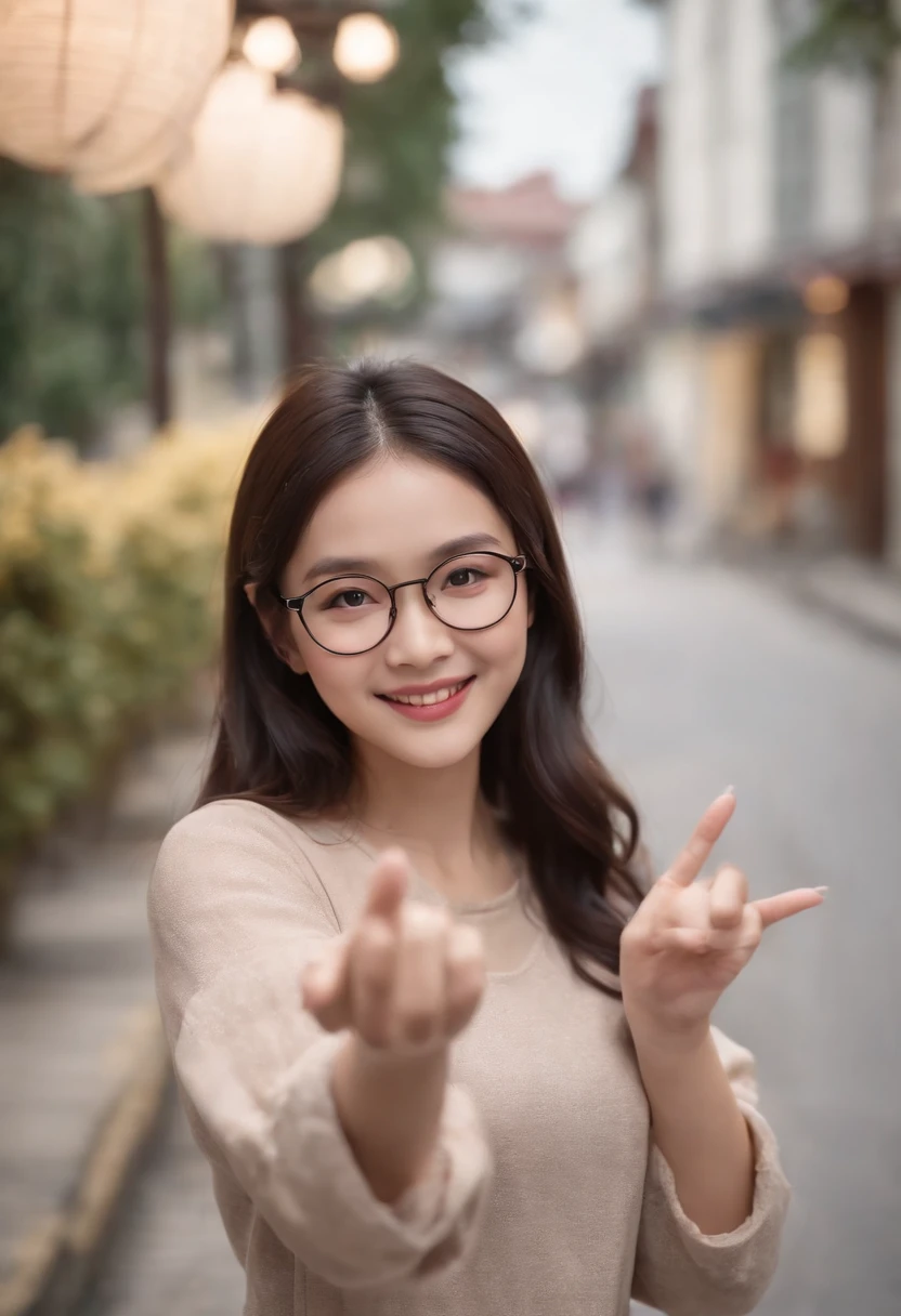 masterpiece, a smiling girl with holding one hand and bow her body, swirling long hair, in street, autumn feel, wearing a shirt and a short skirt and slippers, one hand holding anothers hand behind, light shine from aside, a cinematic condition, japanese girl, fixed hand and finger (only 5 fingers each hand) , humanise, in indonesia background style, black hair, wear a thin glasses