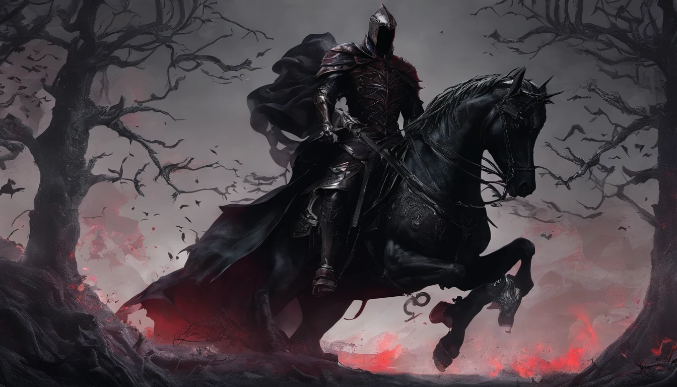Undead Terror Knight,Riding black(Red-eyed zombie horse:1.5),The background is pitch black wilderness,There were several dried corpses hanging from a dead tree,themoon,4K,best qualtiy,primitive,((Ultra-detailed and high-precision details))