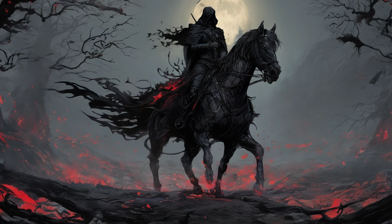 Undead Terror Knight,Riding black(Red-eyed zombie horse:1.5),The background is pitch black wilderness,There were several dried corpses hanging from a dead tree,themoon,4K,best qualtiy,primitive,((Ultra-detailed and high-precision details))