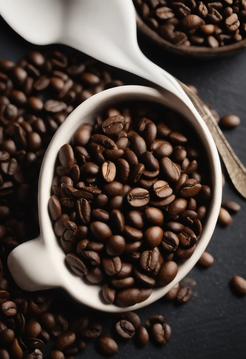 Close-up of a bowl of coffee beans on black scales, coffee beans, extremely grainy, Beans, Coffee, Spoon placed, Grainy quality, saw, けもの, Morning Coffee, Grainy, extremely grainy, taken on iphone 14 pro, version 3, taken with sony alpha 9, low quality grainy, Midriff,The desk is white