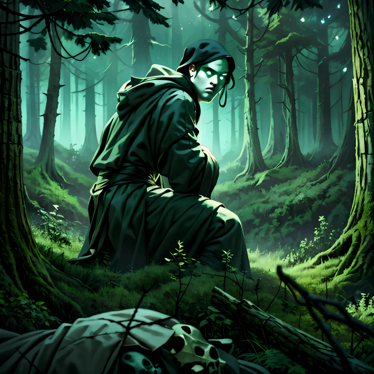 A young man in a black robe with a sad face sits leaning his back against a tree trunk, Behind him is a dark forest, In the distance you can see a ruined tower, It's night all around, There are many stars in the sky, Nearby lie skulls with glowing green eyes