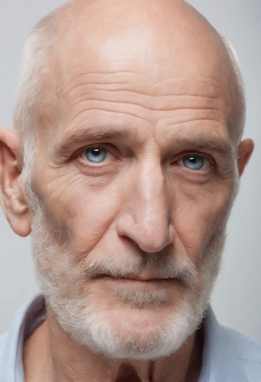 Wrinkled old man, emaciated, homme maigre, demonic, Regard dur, piercing gaze, angry look, grosse moustache blanche, bushy mustache with thick hair, Calvitie, long hair on the sides, very long and curly white hair, portant des boucles d'oreilles en or, Golden ring earrings, Bagues en or sur les oreilles, Severe baldness on the top of the skull, no hair on top of the head, The top of its skull is a glass dome, His brain is visible through the dome of his skull, Pas de barbe , very clear blue eyes, nez fin et crochu, peau matte, peau avec tons de chairs matte, photo realist, hyperrealism, charismatique, personnage effrayant,