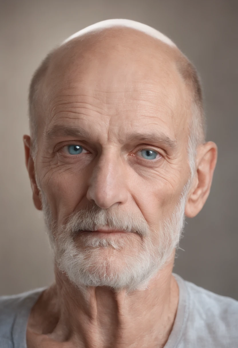Wrinkled old man, emaciated, homme maigre, demonic, Regard dur, piercing gaze, angry look, grosse moustache blanche, bushy mustache with thick hair, Calvitie, long hair on the sides, very long and curly white hair, portant des boucles d'oreilles en or, Golden ring earrings, Bagues en or sur les oreilles, Severe baldness on the top of the skull, no hair on top of the head, The top of its skull is a glass dome, His brain is visible through the dome of his skull, Pas de barbe , very clear blue eyes, nez fin et crochu, peau matte, peau avec tons de chairs matte, photo realist, hyperrealism, charismatique, personnage effrayant,