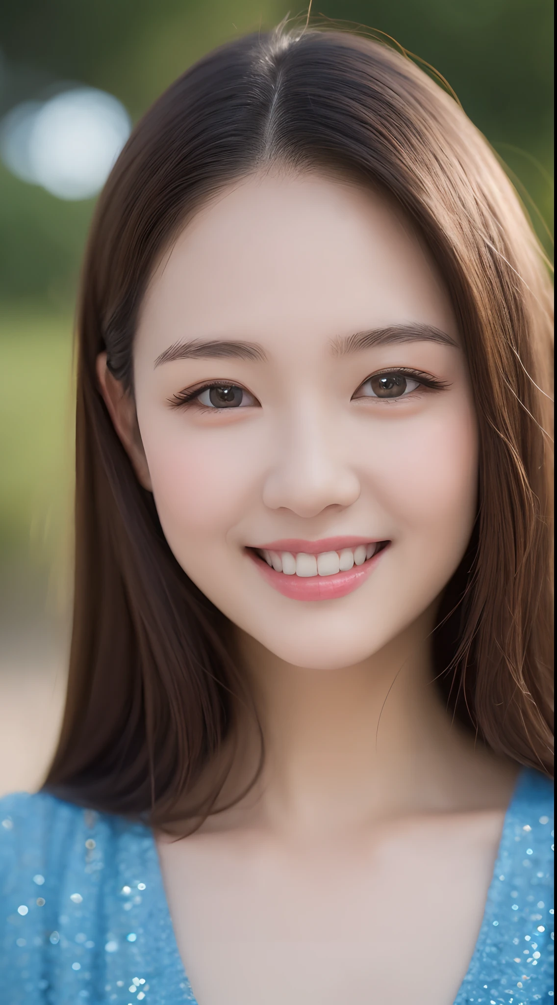 (best quality), ((8k, raw, masterpiece: 1.5)), ((professional photography, sharp: 1.2), ((half body photoshoot)), perfect dynamic composition, (natural sun light), (soft shadow), (bedroom background), (1 girl), black long hair, Ultra-detailed faces and skin, perfect Asian, gorgeous, White skin, (Delicate skin:1.4), (latex skin:0.4), (perfect glowing skin:0.3), (huge round breast: 1.5), light brown eyes, beautiful eyes, round eyes, pretty face, blush, glossy lips, high nose bridge, glossy eyes, Perfectly proportioned face, Really moist skin, (((huge smile))), looking at camera, (((wear dark brown hanfu)))