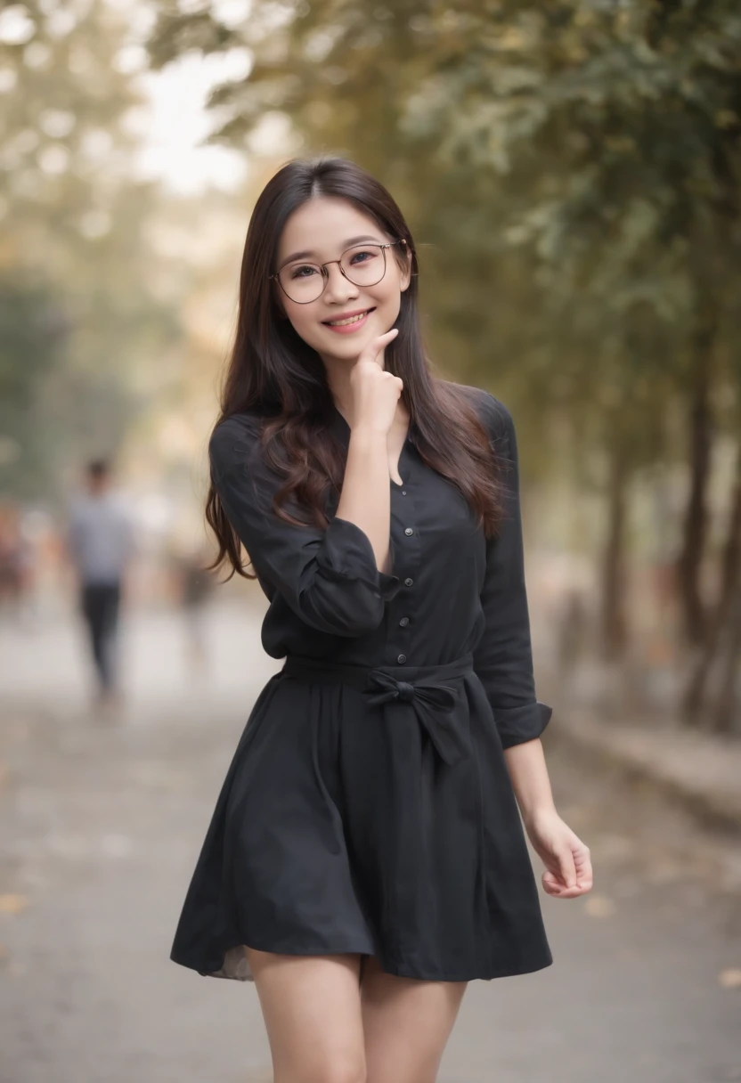 masterpiece, a smiling girl with holding one hand and bow her body, swirling long hair, in street, autumn feel, wearing a shirt and a short skirt and slippers, one hand holding anothers hand behind, light shine from aside, a cinematic condition, japanese girl, fixed hand and finger (only 5 fingers each hand) , humanise, in indonesia background style, black hair, wear a thin glasses, standing pose