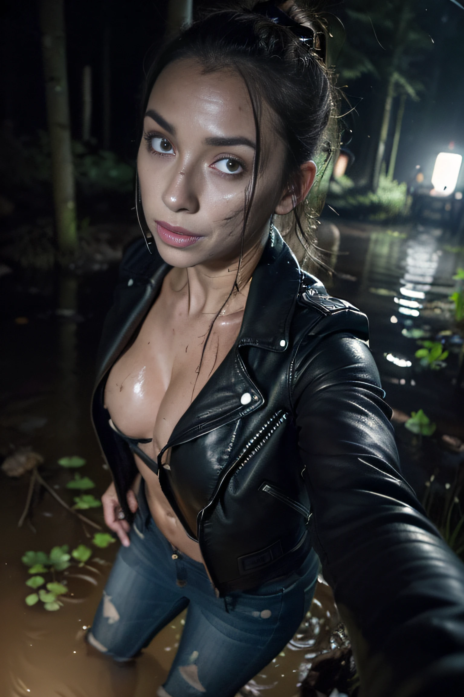 Tormented by lust, A woman in jeans and a leather jacket was caught off guard in the woods at night, indulging in his sexual fetish of drowning in a swamp. Lust makes her plunge into the swamp up to her thighs. Her face is haggard and dehydrated. She is perplexed and looks around in fright. There is pitch darkness all around, The light only comes from the camera's flash.

TAGS: night time, blurred background, (selfie photo:1.7), (It's dark all around:1.7), (Light only from the camera:1.7). The woman, (Tormented by lust:1.6), wearing jeans, leather jacket, swamp, (stands, drowning in a bog:1.7), (Sexual fetish:1.3), fright, stunned, Looking around. (emaciated face:1.6), (dehydrated face:1.6), (swelling of the face:1.6), (Short hair gathered in a ponytail:1.2), (Moral decay, Shattered reputation:1.2),