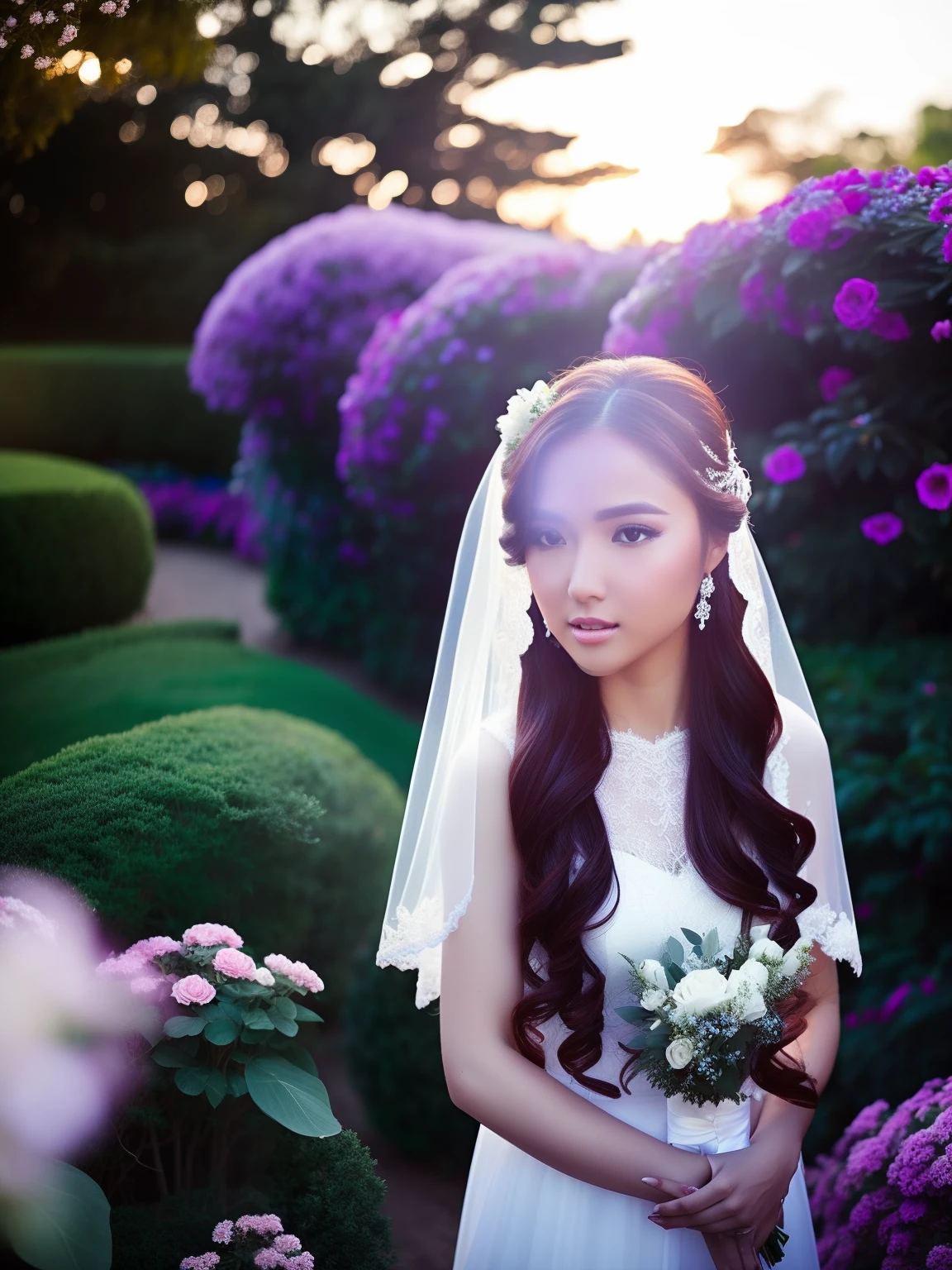 Woman wearing white bridal gown Long hair, fair skin. Beautiful face in the flower garden