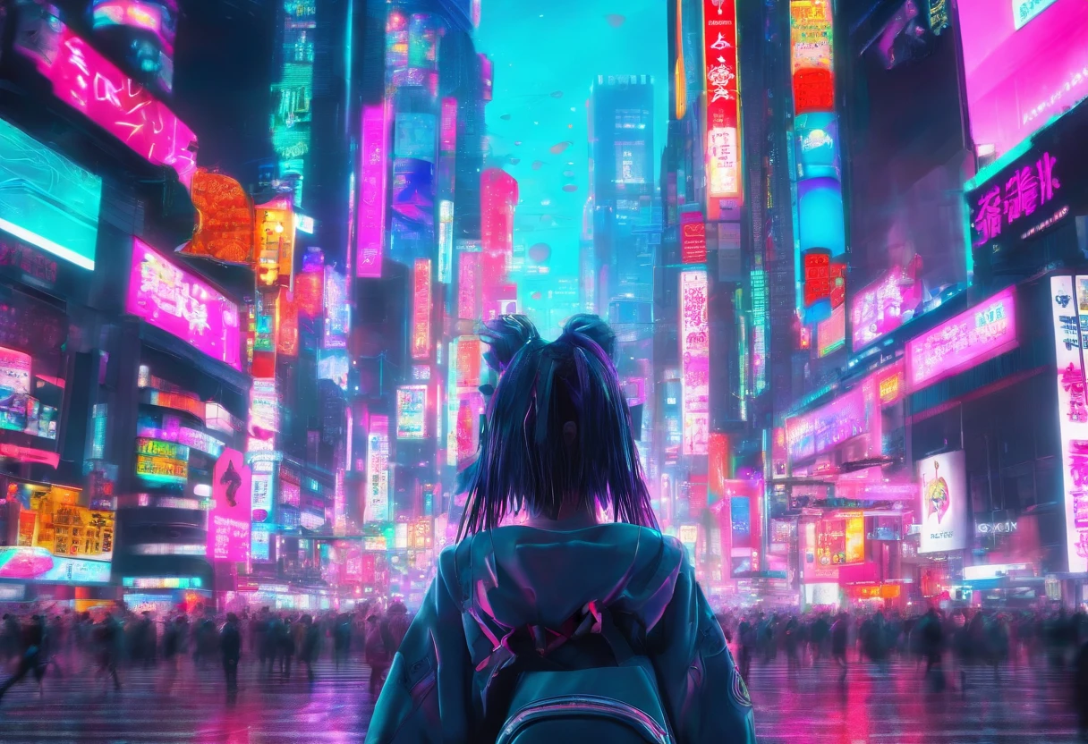 a young cyber fashion girl is standing on The real Shibuya crossing in japan, back view of whole body, Subject is in the center on the load, super zoom out shot, cyber cute fashion like a animation, chromatic aberration, wide angle shot, wide angle lens, hyper real, photo real, high contrast, 8k, 4k, high resorution, scenery of japan, kawaii japan,