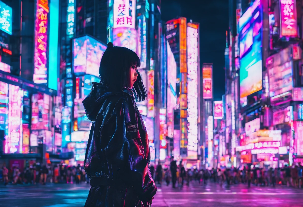 a young cyber fashion girl is standing on The real Shibuya crossing in japan, back view of whole body, Subject is in the center on the load, super zoom out shot, cyber cute fashion like a animation, chromatic aberration, wide angle shot, wide angle lens, hyper real, photo real, high contrast, 8k, 4k, high resorution, scenery of japan, kawaii japan,