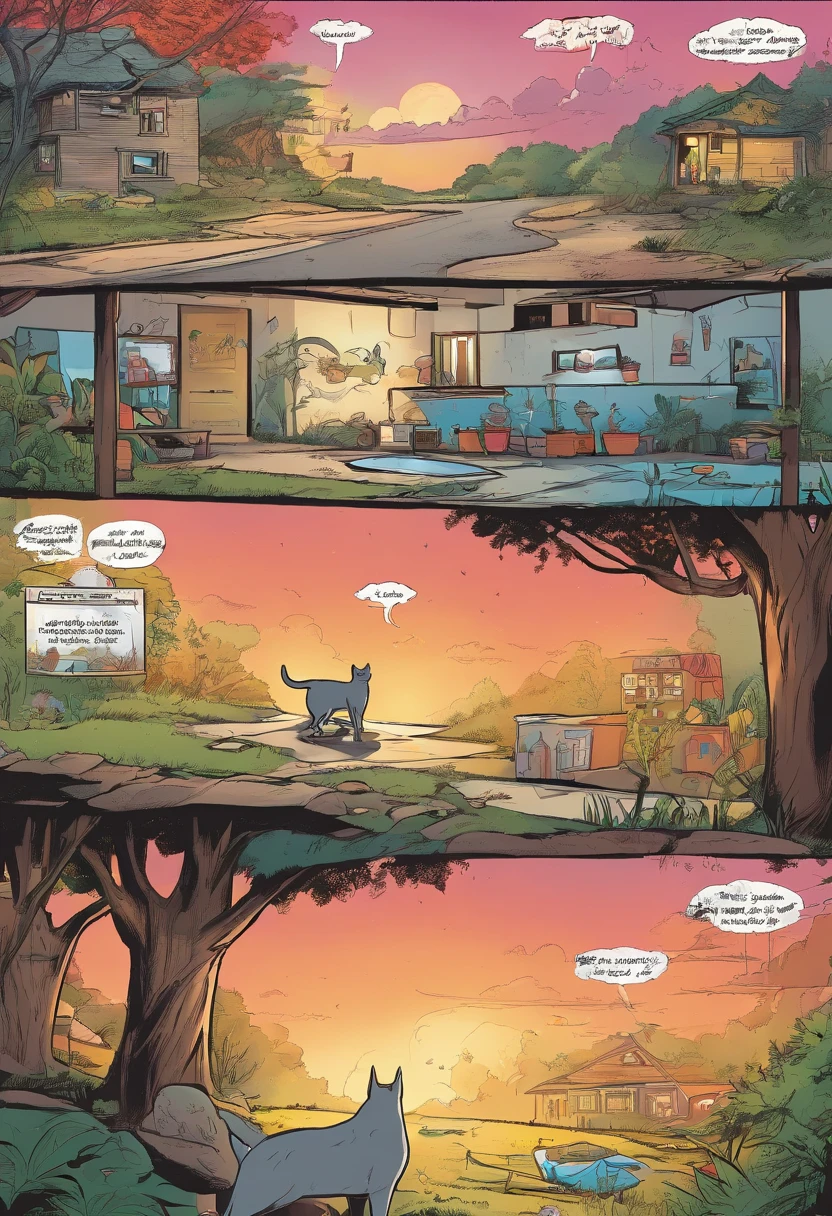 American comics, the comic story is presented in multiple irregular panels with color. The American Shorthair cat goes through hardships while running away from home and then reunites with its owner. The style is exaggerated and detailed. cartoon sketch style, colorful